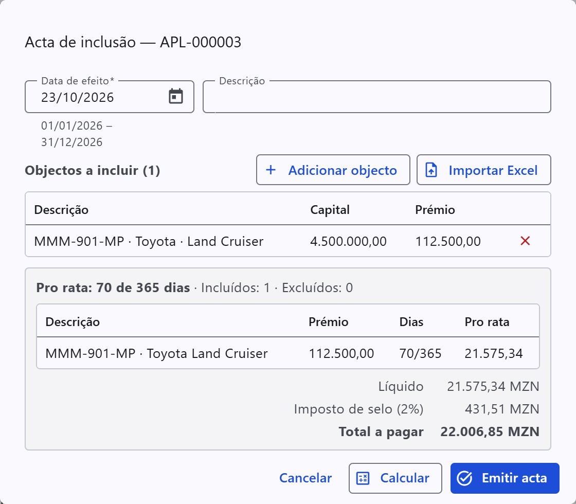Acta de inclusão com cálculo de pro rata e imposto de selo